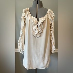 Rebecca Taylor Ivory Silk Blouse with Ruffle Trim Size 4 - RUNS BIG